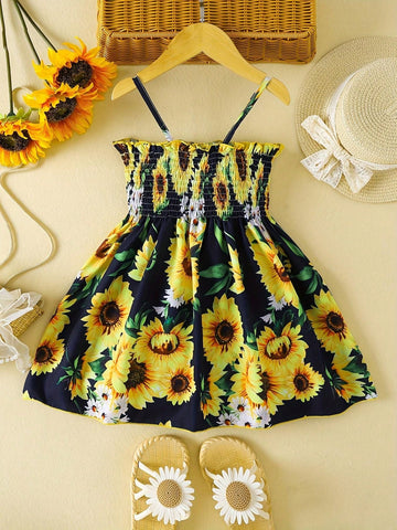 1pc Girls' Casual Sunflower Pattern Short Sleeve Halter Woven Summer Dress 1pc Girls' Casual Sunflower Pattern Short Sleeve Halter Woven Summer Dress