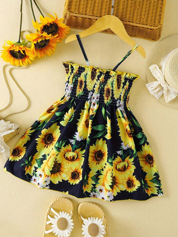 1pc Girls' Casual Sunflower Pattern Short Sleeve Halter Woven Summer Dress 1pc Girls' Casual Sunflower Pattern Short Sleeve Halter Woven Summer Dress