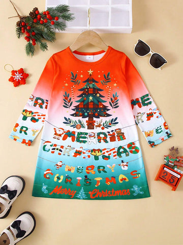 1pc Girls Casual Xmas Merry Christmas English Letters Graphic Long Sleeve Dress, Christmas 1pc Girls Casual Xmas Merry Christmas English Letters Graphic Long Sleeve Dress, Christmas
