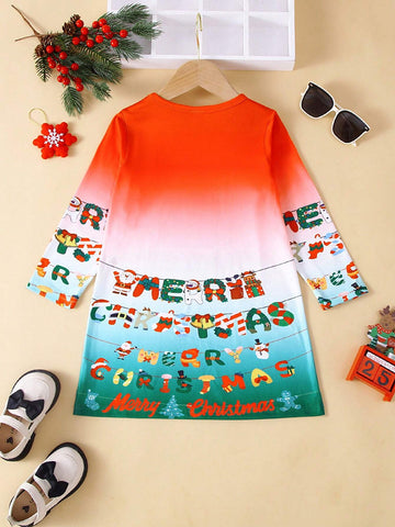 1pc Girls Casual Xmas Merry Christmas English Letters Graphic Long Sleeve Dress, Christmas 1pc Girls Casual Xmas Merry Christmas English Letters Graphic Long Sleeve Dress, Christmas