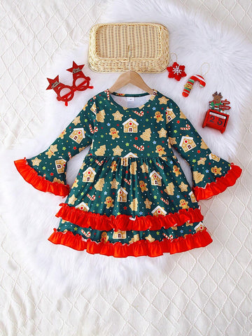 1pc Girls Christmas Tree Cookie Cane Star House Print Long Sleeve Casual Dress For Autumn/Christmas 1pc Girls Christmas Tree Cookie Cane Star House Print Long Sleeve Casual Dress For Autumn/Christmas