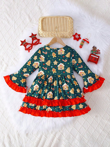 1pc Girls Christmas Tree Cookie Cane Star House Print Long Sleeve Casual Dress For Autumn/Christmas 1pc Girls Christmas Tree Cookie Cane Star House Print Long Sleeve Casual Dress For Autumn/Christmas