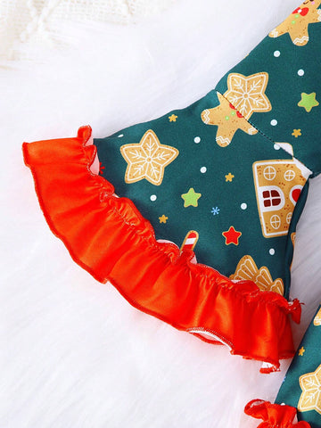 1pc Girls Christmas Tree Cookie Cane Star House Print Long Sleeve Casual Dress For Autumn/Christmas 1pc Girls Christmas Tree Cookie Cane Star House Print Long Sleeve Casual Dress For Autumn/Christmas