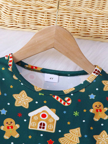 1pc Girls Christmas Tree Cookie Cane Star House Print Long Sleeve Casual Dress For Autumn/Christmas 1pc Girls Christmas Tree Cookie Cane Star House Print Long Sleeve Casual Dress For Autumn/Christmas