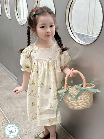 1pc Girls' Cute Rabbit Printed Puff Sleeve Short Dress, Spring/Summer 1pc Girls' Cute Rabbit Printed Puff Sleeve Short Dress, Spring/Summer