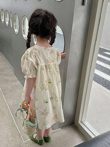 1pc Girls' Cute Rabbit Printed Puff Sleeve Short Dress, Spring/Summer 1pc Girls' Cute Rabbit Printed Puff Sleeve Short Dress, Spring/Summer