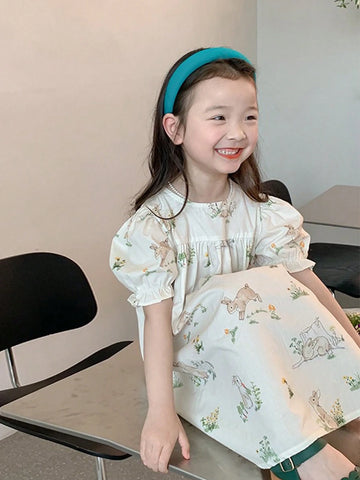1pc Girls' Cute Rabbit Printed Puff Sleeve Short Dress, Spring/Summer 1pc Girls' Cute Rabbit Printed Puff Sleeve Short Dress, Spring/Summer