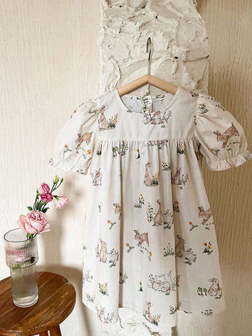 1pc Girls' Cute Rabbit Printed Puff Sleeve Short Dress, Spring/Summer 1pc Girls' Cute Rabbit Printed Puff Sleeve Short Dress, Spring/Summer