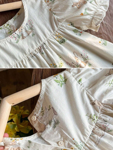 1pc Girls' Cute Rabbit Printed Puff Sleeve Short Dress, Spring/Summer 1pc Girls' Cute Rabbit Printed Puff Sleeve Short Dress, Spring/Summer