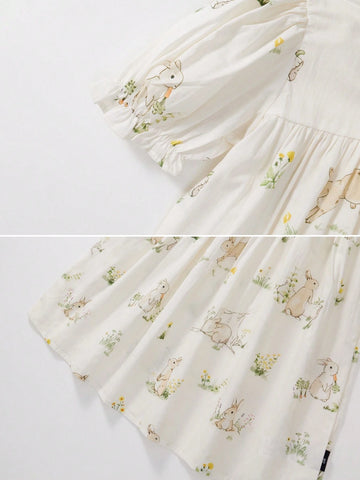 1pc Girls' Cute Rabbit Printed Puff Sleeve Short Dress, Spring/Summer 1pc Girls' Cute Rabbit Printed Puff Sleeve Short Dress, Spring/Summer