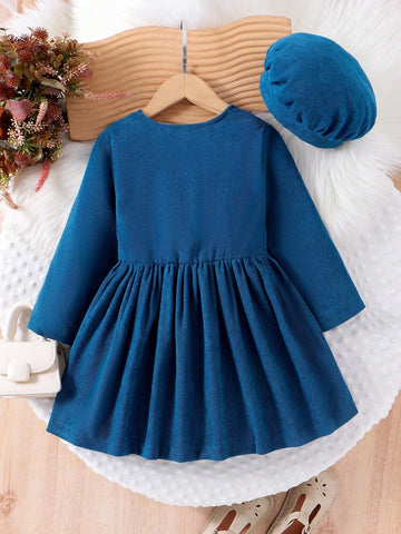 1pc Girls Elegant Corduroy Bow Decor Long Sleeve Dress, Autumn/Winter 1pc Girls Elegant Corduroy Bow Decor Long Sleeve Dress, Autumn/Winter