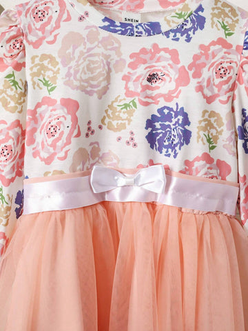 1pc Girls Elegant Floral Print Contrast Mesh Bow Sash Decor A-Line Dress 1pc Girls Elegant Floral Print Contrast Mesh Bow Sash Decor A-Line Dress