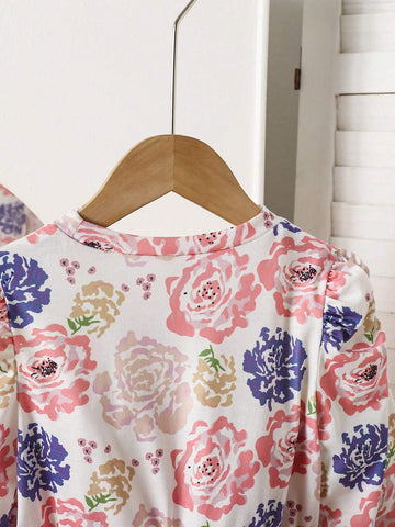 1pc Girls Elegant Floral Print Contrast Mesh Bow Sash Decor A-Line Dress 1pc Girls Elegant Floral Print Contrast Mesh Bow Sash Decor A-Line Dress