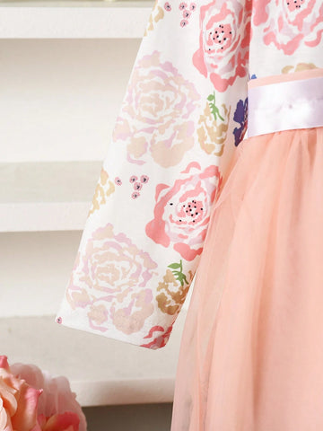 1pc Girls Elegant Floral Print Contrast Mesh Bow Sash Decor A-Line Dress 1pc Girls Elegant Floral Print Contrast Mesh Bow Sash Decor A-Line Dress