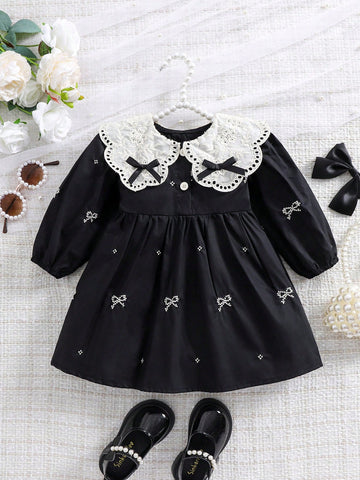 1pc Girls Embroidered Floral Dress With Ruffled Collar, Loose Elegant Casual Midi Dress With Bow, Spring/Summer/Autumn 1pc Girls Embroidered Floral Dress With Ruffled Collar, Loose Elegant Casual Midi Dress With Bow, Spring/Summer/Autumn