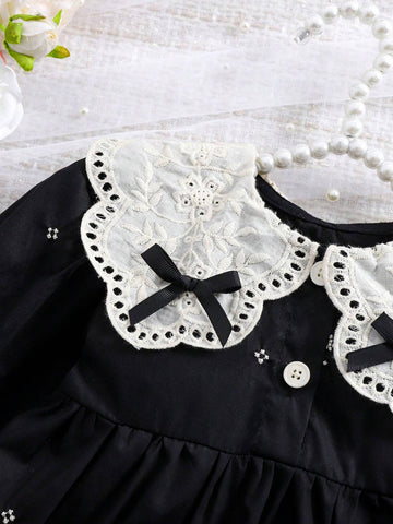 1pc Girls Embroidered Floral Dress With Ruffled Collar, Loose Elegant Casual Midi Dress With Bow, Spring/Summer/Autumn 1pc Girls Embroidered Floral Dress With Ruffled Collar, Loose Elegant Casual Midi Dress With Bow, Spring/Summer/Autumn