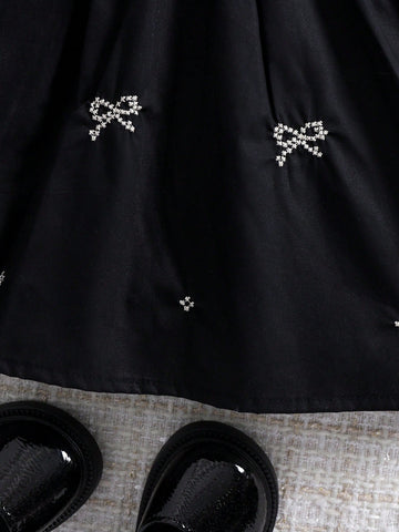 1pc Girls Embroidered Floral Dress With Ruffled Collar, Loose Elegant Casual Midi Dress With Bow, Spring/Summer/Autumn 1pc Girls Embroidered Floral Dress With Ruffled Collar, Loose Elegant Casual Midi Dress With Bow, Spring/Summer/Autumn