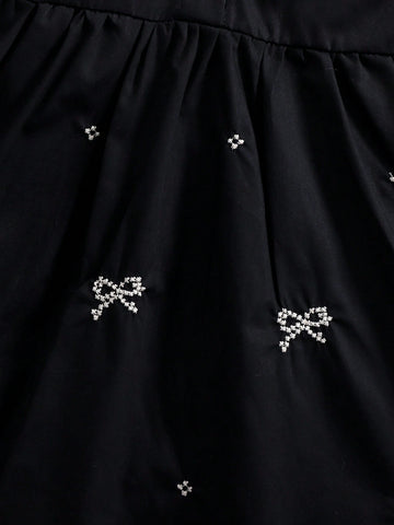 1pc Girls Embroidered Floral Dress With Ruffled Collar, Loose Elegant Casual Midi Dress With Bow, Spring/Summer/Autumn 1pc Girls Embroidered Floral Dress With Ruffled Collar, Loose Elegant Casual Midi Dress With Bow, Spring/Summer/Autumn
