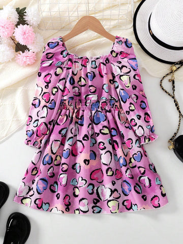 1pc Girls Fashion Casual Heart & Scribble Print Long Sleeve Ruffle Hem A-Line Dress, Spring Autumn 1pc Girls Fashion Casual Heart & Scribble Print Long Sleeve Ruffle Hem A-Line Dress, Spring Autumn