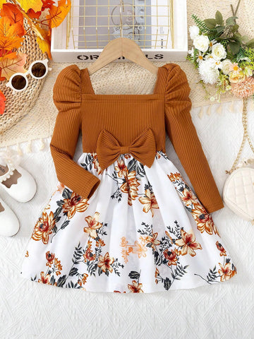 1pc Girls Fashion Casual Shoulder Strap Long Sleeve Solid Color Ribbed Splice Floral Print Bow Tie Dress 1pc Girls Fashion Casual Shoulder Strap Long Sleeve Solid Color Ribbed Splice Floral Print Bow Tie Dress