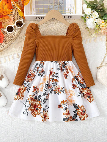 1pc Girls Fashion Casual Shoulder Strap Long Sleeve Solid Color Ribbed Splice Floral Print Bow Tie Dress 1pc Girls Fashion Casual Shoulder Strap Long Sleeve Solid Color Ribbed Splice Floral Print Bow Tie Dress