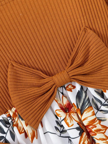1pc Girls Fashion Casual Shoulder Strap Long Sleeve Solid Color Ribbed Splice Floral Print Bow Tie Dress 1pc Girls Fashion Casual Shoulder Strap Long Sleeve Solid Color Ribbed Splice Floral Print Bow Tie Dress