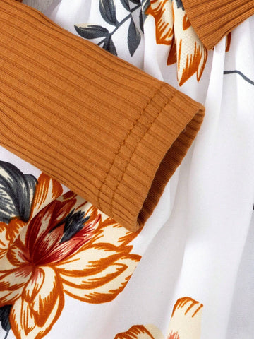 1pc Girls Fashion Casual Shoulder Strap Long Sleeve Solid Color Ribbed Splice Floral Print Bow Tie Dress 1pc Girls Fashion Casual Shoulder Strap Long Sleeve Solid Color Ribbed Splice Floral Print Bow Tie Dress