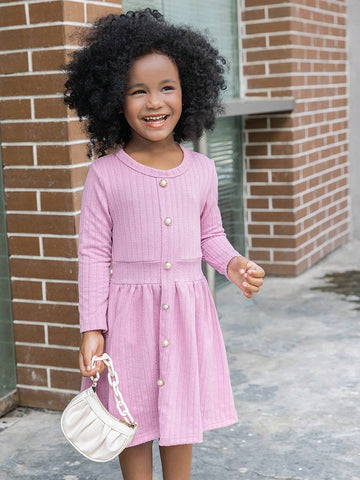 1pc Girls Fashion Casual Sports Solid Color Knitted Striped Long Sleeve Round Neck Pearl Button Waist Band Hem Dress, Autumn/Winter 1pc Girls Fashion Casual Sports Solid Color Knitted Striped Long Sleeve Round Neck Pearl Button Waist Band Hem Dress, Autumn/Winter