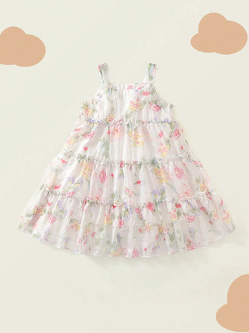 1pc Girls' Floral Chiffon Sleeveless Strap Dress For Summer 1pc Girls' Floral Chiffon Sleeveless Strap Dress For Summer