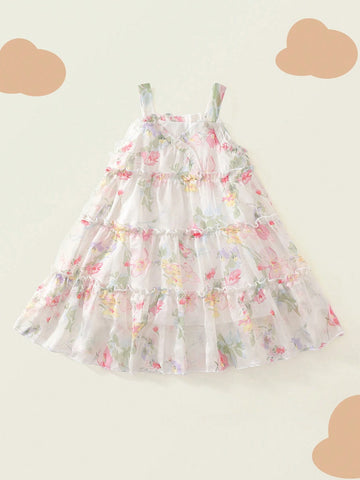 1pc Girls' Floral Chiffon Sleeveless Strap Dress For Summer 1pc Girls' Floral Chiffon Sleeveless Strap Dress For Summer