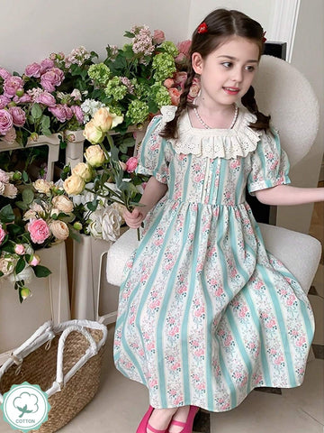 1pc Girls' Floral Lace Puff Sleeve Patchwork Mini Dress, Summer 1pc Girls' Floral Lace Puff Sleeve Patchwork Mini Dress, Summer
