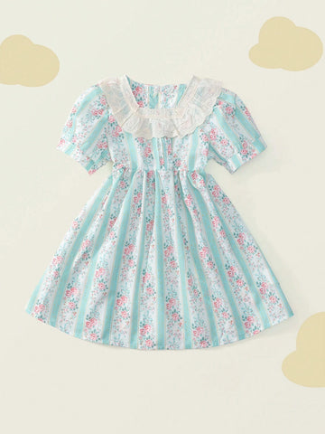 1pc Girls' Floral Lace Puff Sleeve Patchwork Mini Dress, Summer 1pc Girls' Floral Lace Puff Sleeve Patchwork Mini Dress, Summer
