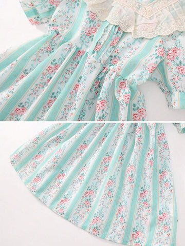 1pc Girls' Floral Lace Puff Sleeve Patchwork Mini Dress, Summer 1pc Girls' Floral Lace Puff Sleeve Patchwork Mini Dress, Summer