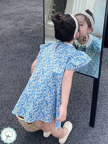 1pc Girls' Floral Peter Pan Collar Fly Edge Embroidered Dress, Summer 1pc Girls' Floral Peter Pan Collar Fly Edge Embroidered Dress, Summer