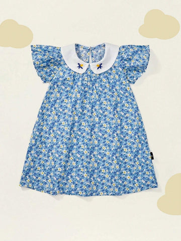 1pc Girls' Floral Peter Pan Collar Fly Edge Embroidered Dress, Summer 1pc Girls' Floral Peter Pan Collar Fly Edge Embroidered Dress, Summer