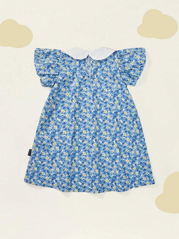 1pc Girls' Floral Peter Pan Collar Fly Edge Embroidered Dress, Summer 1pc Girls' Floral Peter Pan Collar Fly Edge Embroidered Dress, Summer