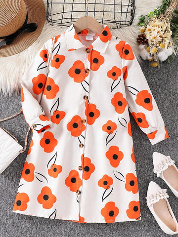 1pc Girls Floral Print Long Sleeve Casual Dress, Fall 1pc Girls Floral Print Long Sleeve Casual Dress, Fall