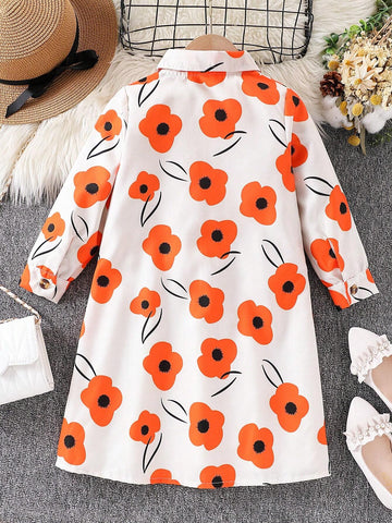 1pc Girls Floral Print Long Sleeve Casual Dress, Fall 1pc Girls Floral Print Long Sleeve Casual Dress, Fall