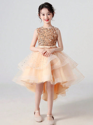 1pc Girls Gold Solid Color Fashionable Puff Princess Dress With Tulle Trim 1pc Girls Gold Solid Color Fashionable Puff Princess Dress With Tulle Trim