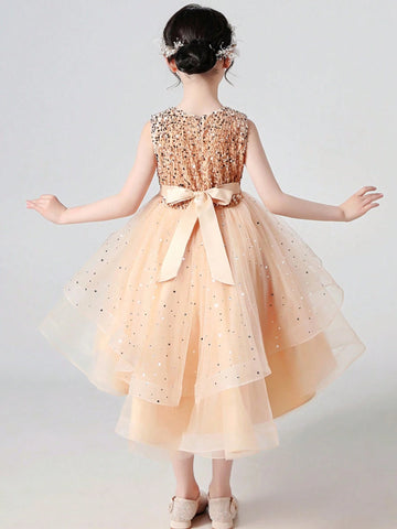 1pc Girls Gold Solid Color Fashionable Puff Princess Dress With Tulle Trim 1pc Girls Gold Solid Color Fashionable Puff Princess Dress With Tulle Trim