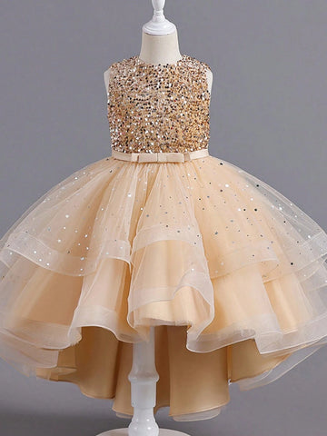 1pc Girls Gold Solid Color Fashionable Puff Princess Dress With Tulle Trim 1pc Girls Gold Solid Color Fashionable Puff Princess Dress With Tulle Trim
