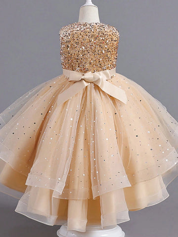 1pc Girls Gold Solid Color Fashionable Puff Princess Dress With Tulle Trim 1pc Girls Gold Solid Color Fashionable Puff Princess Dress With Tulle Trim