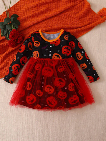 1pc Girls Halloween Black Long Sleeve Mesh Tulle Dress, Fall/Winter 1pc Girls Halloween Black Long Sleeve Mesh Tulle Dress, Fall/Winter