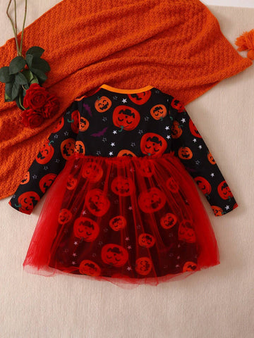 1pc Girls Halloween Black Long Sleeve Mesh Tulle Dress, Fall/Winter 1pc Girls Halloween Black Long Sleeve Mesh Tulle Dress, Fall/Winter