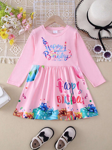 1pc Girls Happy Birthday English Letter Graphic Print Long Sleeve Casual Dress, Autumn 1pc Girls Happy Birthday English Letter Graphic Print Long Sleeve Casual Dress, Autumn