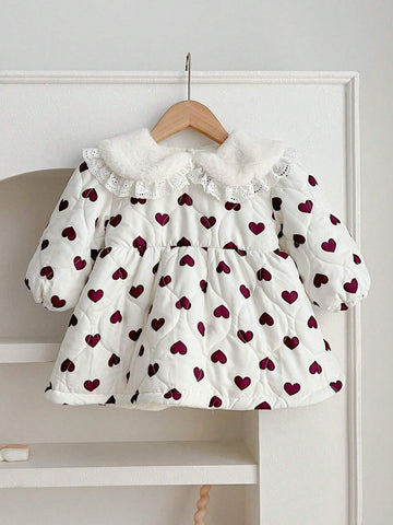 1pc Girls Heart Print Peter Pan Collar Thick Warm Dress, Winter 1pc Girls Heart Print Peter Pan Collar Thick Warm Dress, Winter