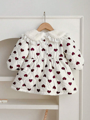 1pc Girls Heart Print Peter Pan Collar Thick Warm Dress, Winter 1pc Girls Heart Print Peter Pan Collar Thick Warm Dress, Winter