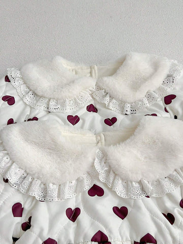 1pc Girls Heart Print Peter Pan Collar Thick Warm Dress, Winter 1pc Girls Heart Print Peter Pan Collar Thick Warm Dress, Winter