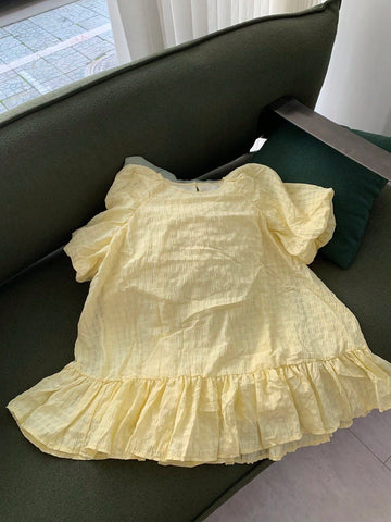 1pc Girls' Korean Style Sweet Puff Sleeve Round Neck Dress With Back Button Closure For Summer 1pc Girls' Korean Style Sweet Puff Sleeve Round Neck Dress With Back Button Closure For Summer
