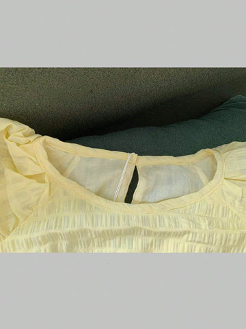 1pc Girls' Korean Style Sweet Puff Sleeve Round Neck Dress With Back Button Closure For Summer 1pc Girls' Korean Style Sweet Puff Sleeve Round Neck Dress With Back Button Closure For Summer